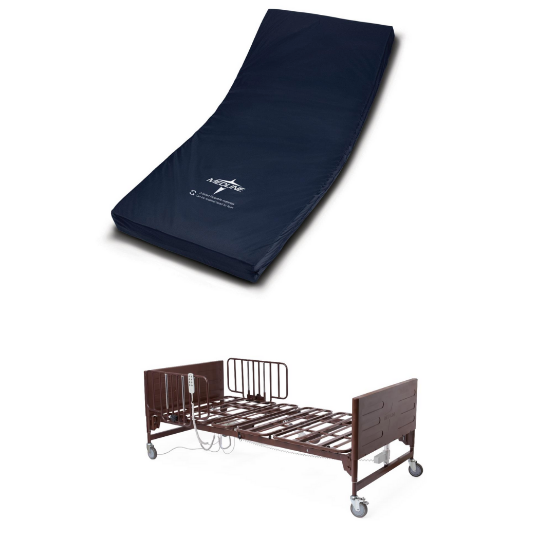A blue medical mattress is placed on the Medline Homecare Semi-Electric Bed with 15-20 height range, featuring a brown lightweight frame with side rails and wheels, displayed on a white background.